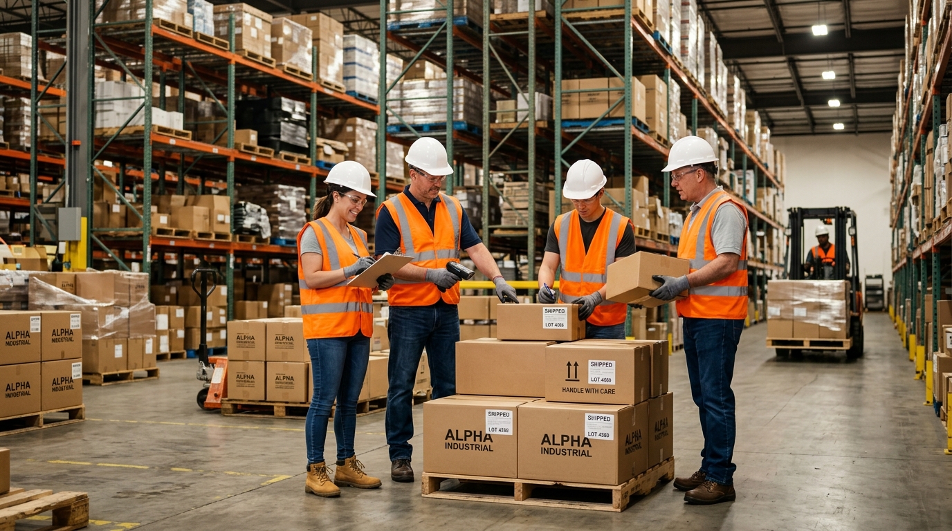 CoreXport team at work in an industrial warehouse