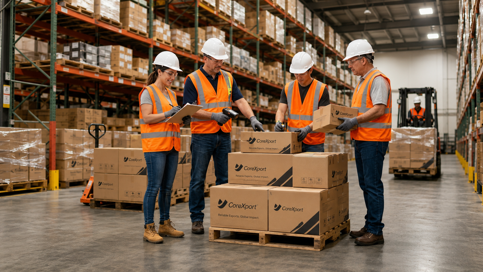CoreXport team at work in an industrial warehouse